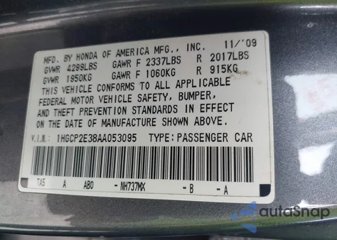 2010 Honda Accord 2.4 Lx z USA, uszkodzony, nr VIN 1HGCP2E38AA053095